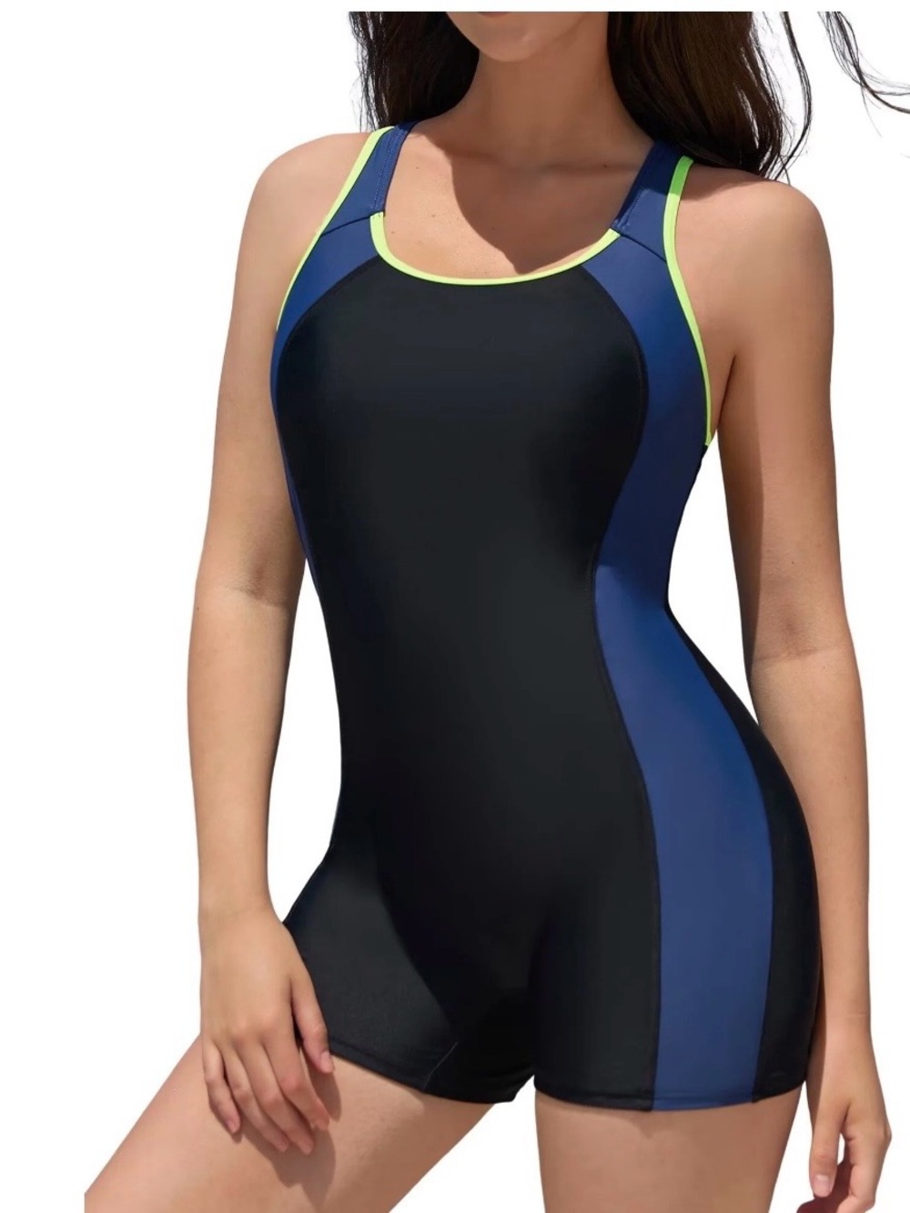 Women's Black & Navy One-Piece Sport Swim Suit with Lime Trim size Small